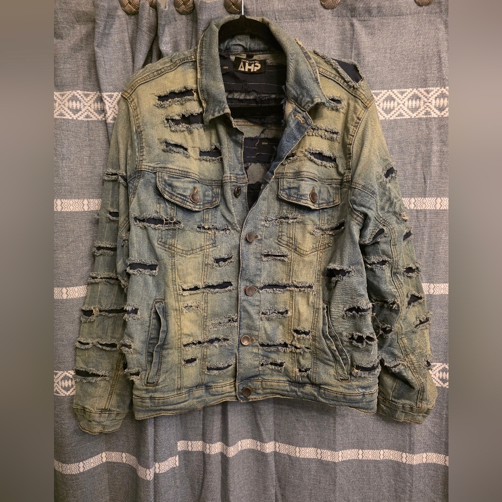 AHP Another Hype Piece Jean Damaged Jacket Mens Streetwear Y2K Hip Hop LARGE